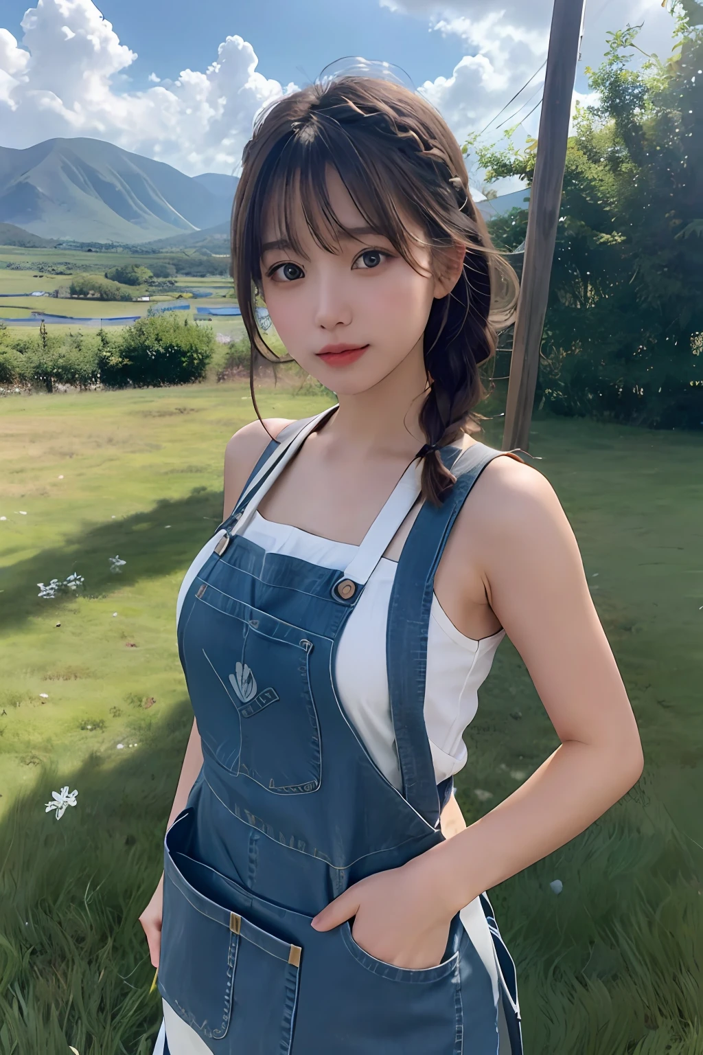 (From the top:1),((1girl in)),Light Brown Fringe Hair、Braided hair、disheveled hair、Light brown eyes、(dignified expression)、(Jeans Apron),(爆乳)、No shoulder、Tank Tops、((fullnude))、((Emphasize the valley))、grass field、blue-sky、(Photorealsitic)、(intricate detailes:1.2)、(​masterpiece、:1.3)、(top-quality:1.4)、(超A high resolution:1.2)、超A high resolution、(A detailed eye)、(detailed facial features)