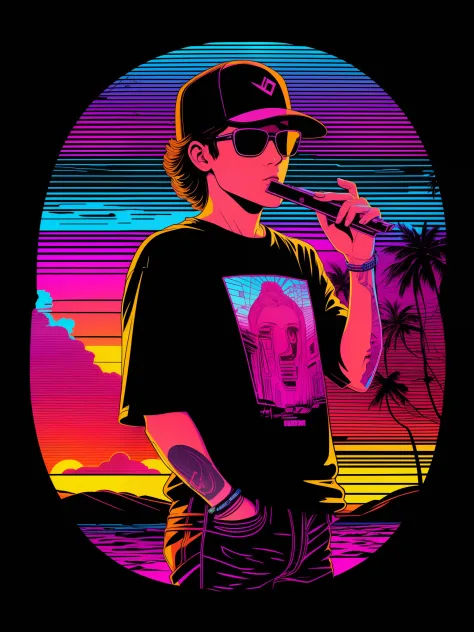 a harmonica in front of the sunset, vaporwave style, neon style, smooth lines, vector sticker art, vector core, intricate detail...