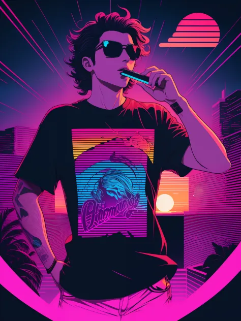 a harmonica in front of the sunset, vaporwave style, neon style, smooth lines, vector sticker art, vector core, intricate detail...