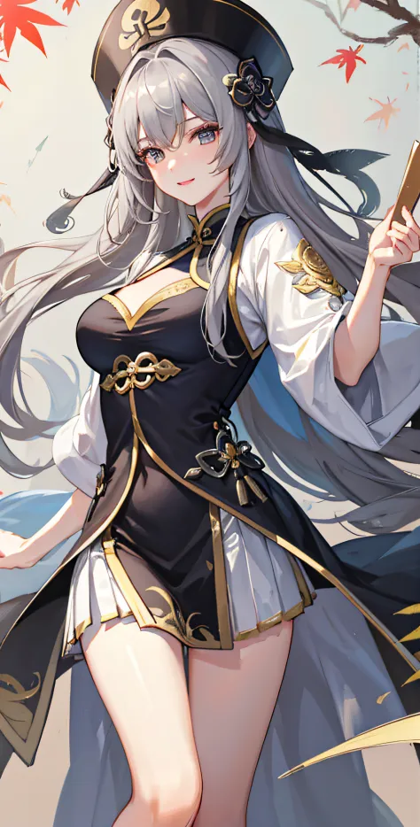 best qualtiy，tmasterpiece，超高分辨率，（realisticlying：1.4），xiuxian，Golden robe，Long gray hair，Maple leaf print，Foil trim，Detal Face， 1girll，独奏，ssmile，delicate leg，（Magical Circle：1.2），xiuxian，The upper part of the body，a beauty girl，A half body，Jacket，Beautiful ...