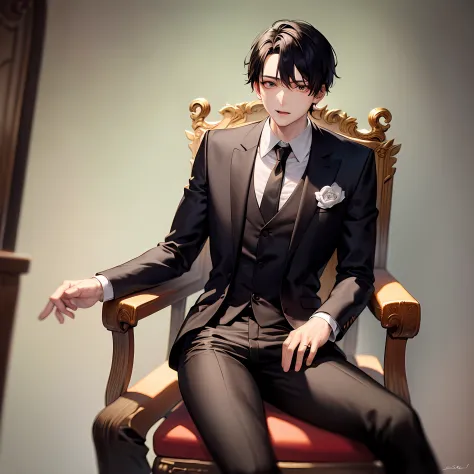 a young asian man wear gentleman suit and sitting on the throne