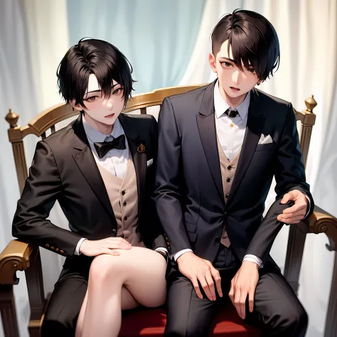 a young asian man wear gentleman suit and sitting on the throne