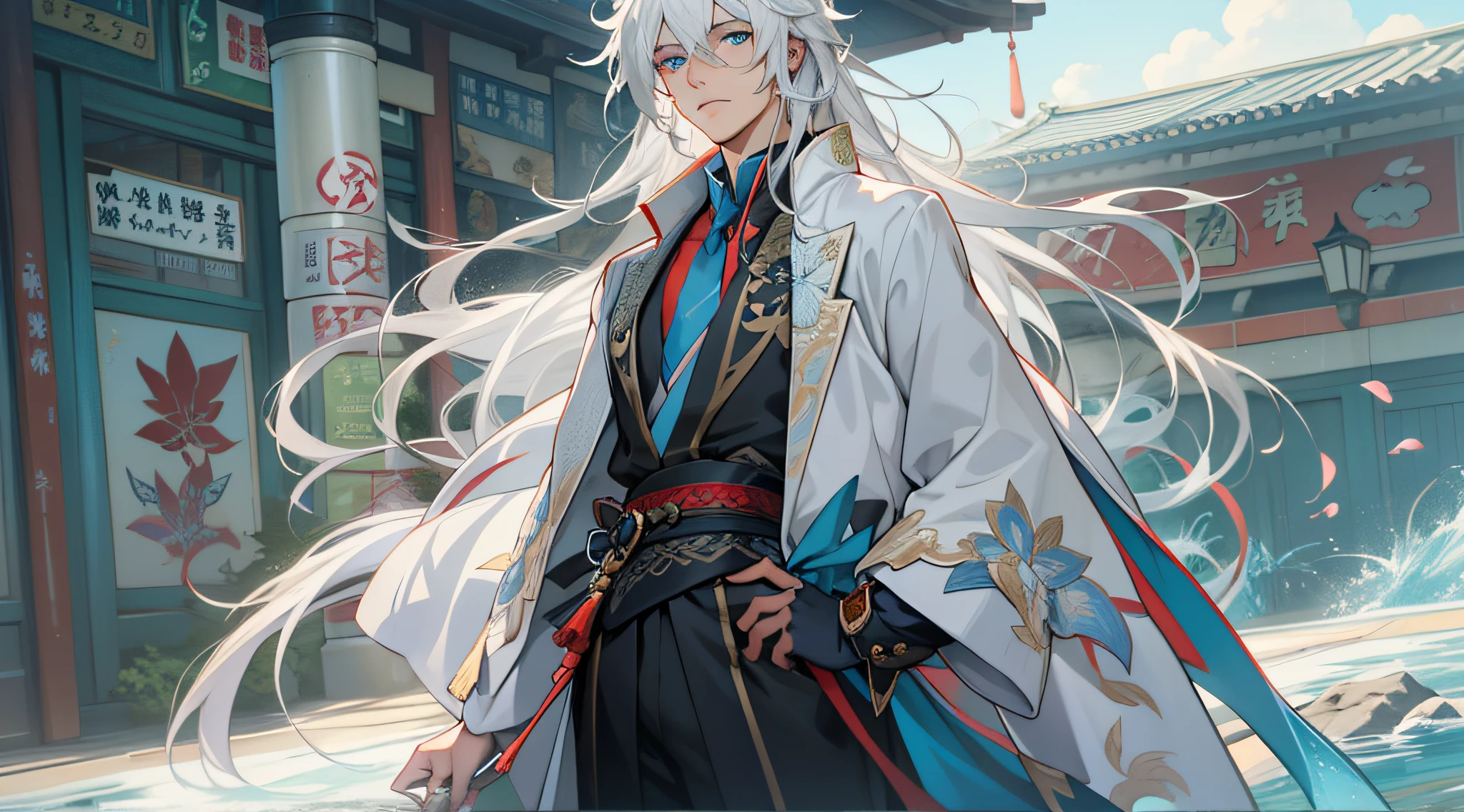 Anime character with long white hair and white hair standing in front of a  building - SeaArt AI