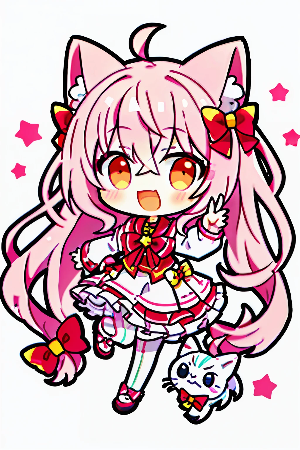 Chibi、1girl in, cat ear, Pink hair, Long hair,Cat, Open mouth, Smile, cat ear, Bow, Solo, White background, Dress, pantyhose, walls, Pink eyes, Looking at Viewer, Full body, Simple background, nail polish, Striped, Holding, Arm up, Hair Bow, Long sleeves, Puffy sleeves, Aqua Footwear, shoes, pink footwears, Jumping, animal, blush, argyle, Star (symbol), holding wand, Very long hair, bow ribbon,