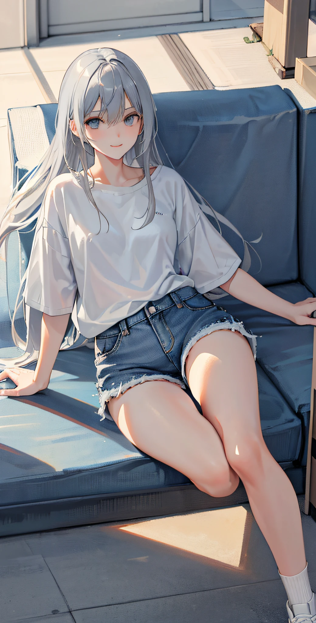 best qualtiy，tmasterpiece，超高分辨率，（realisticlying：1.4），Light blue denim tunic，denim short，athletic sneakers，delicate leg，detail in face，Delicate face，whitet-shirt，Long gray hair，ssmile，Stand up，Knee-length white tube socks