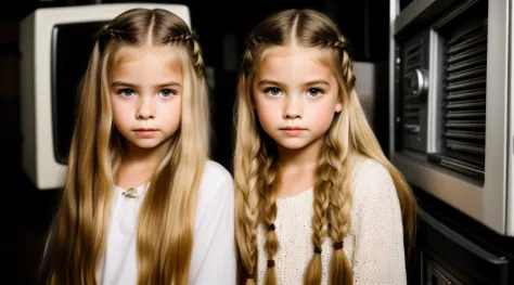 estilo russo, Girl children, retrato , BLONDE long hair braids , RETRO TV.