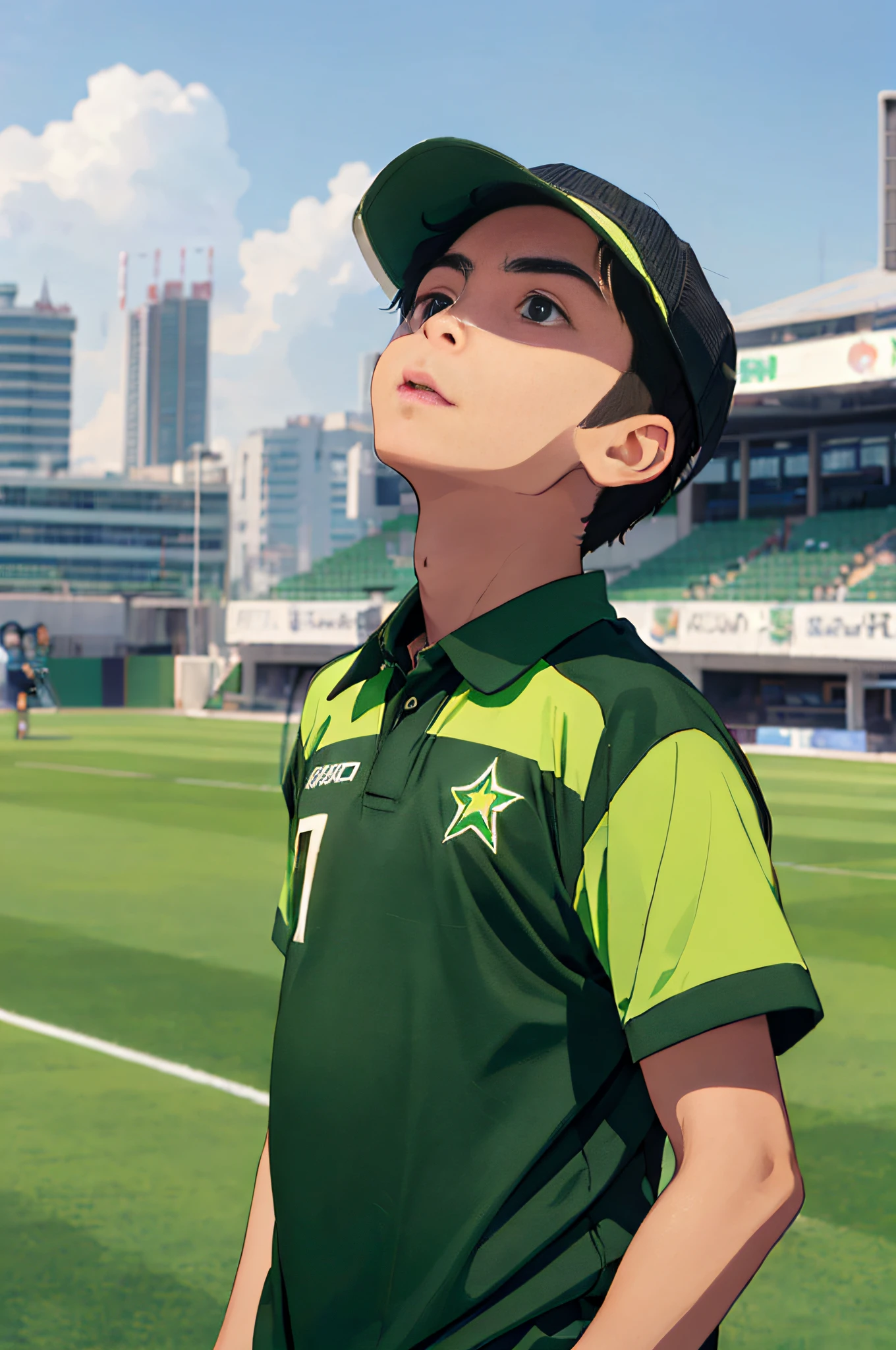 (半身, 男生, 斜向上看, 運動服, 綠色板球襯衫, 巴基斯坦襯衫, 宮崎風格), 清晰的线条, 柔和的色彩, 城市, 天遠, 高細節, 襯衫上的星星, 晚上, 雲, 体育场
