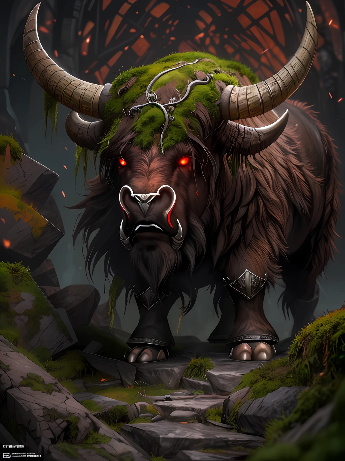 ((A huge yak)), greek myth, Monster, musculature, The sky and the earth are dark，salama，（Stomping on all fours）(The stone walls are covered with moss), Madness, ,Blood red eyes，
insanely details, Intricate details, ultra - detailed,
((Comic book style)), mistic, elegant, ((Domineering look)), dangers, (Fear and terror), Mordor, Creepy, Darkest horror background,
(Skin texture), intricately details, Fine details, ultra - detailed, Ray traching, Subsurface scattering, diffused soft lighting, Shallow depth of field, By (Oliver Wetter)
trending on artstationh, trending on CGSociety, Intricate, High detail, Sharp focus, Dramatic, photorealistic painting art by midjourney and greg rutkowski, Bokeh on the background，(Wide angle 1：3),