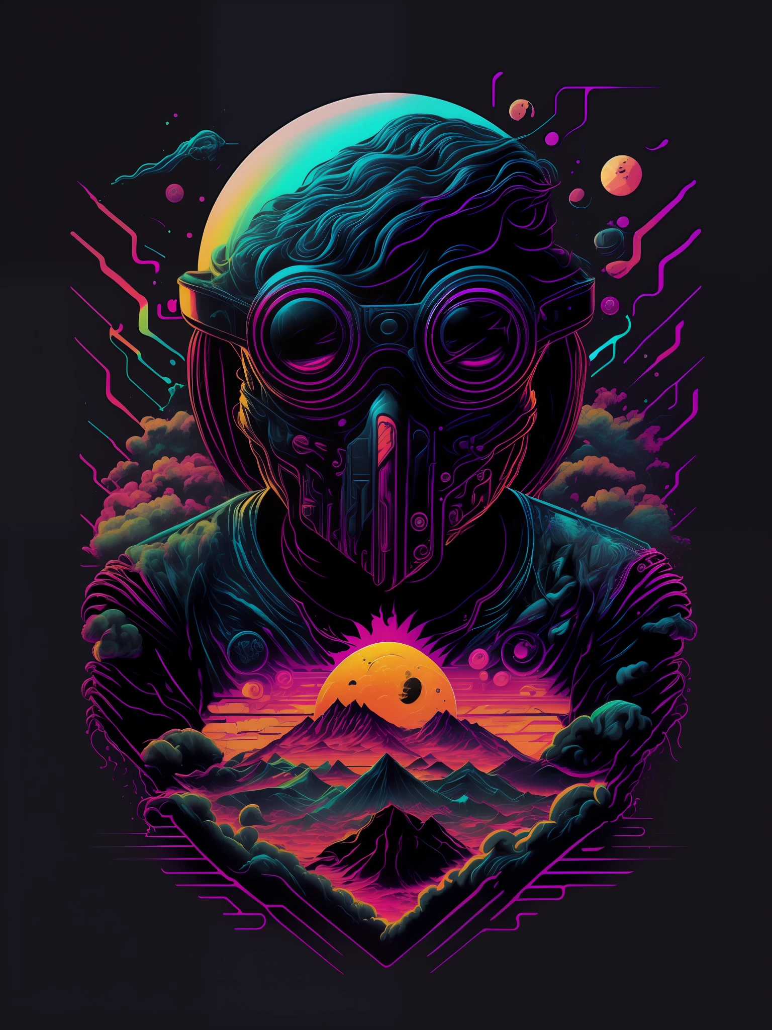 psychadelic, vector image, t-shirt design, isolated, black background, futuristic 3D illustration