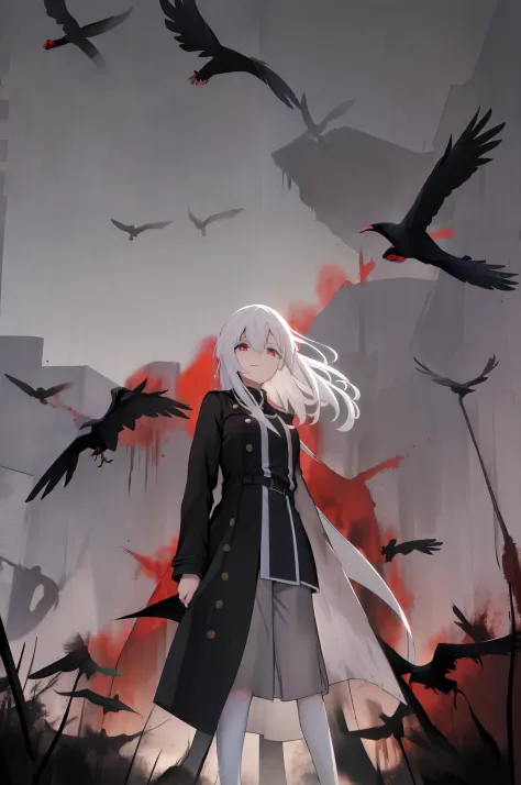 quadratic element，anime big breast，Crimson World，Black trench coat and girl with white hair，Black pressed sky，Dark，Crows flew by...