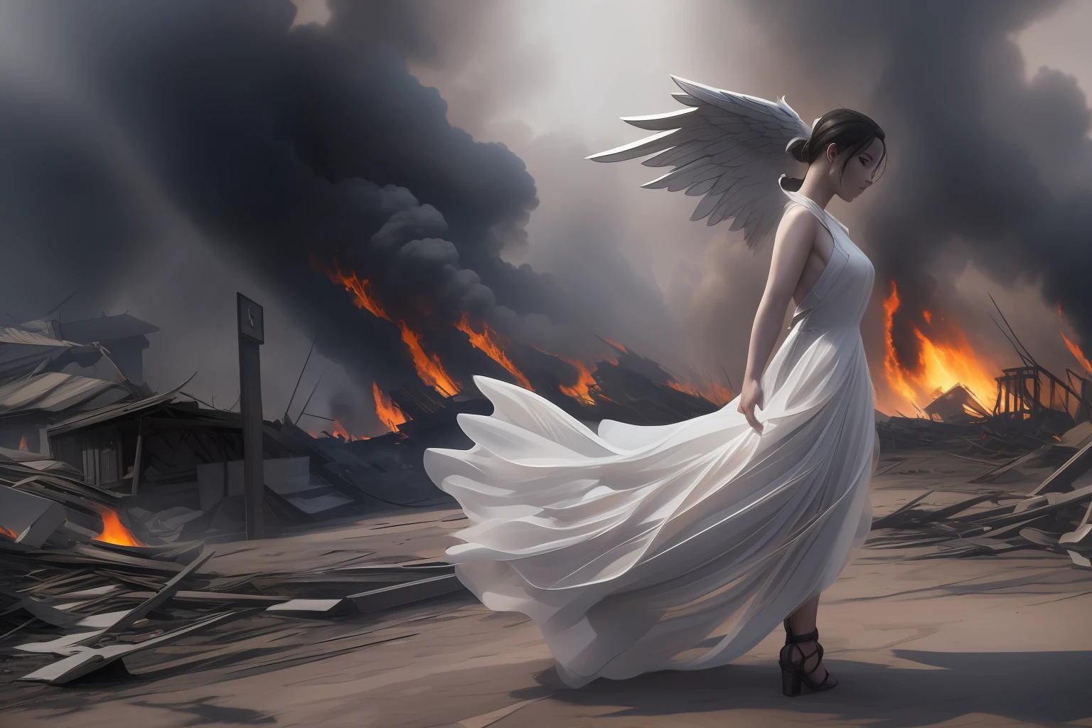 (front view:1. 2) of a black and graceful fallen female angel,finely detailed features,warmly lit from the front,hyper realistic, ultra detailed photograph of a woman, large white wings folded down, sad, intricate white dress, walk on decrepit street in fire, destroyed buildings, dark sky, active fires in background, volumetric fog, subsurface scattering, ambient occlusion, post apocalyptic, ruins of war, fire, smoke,