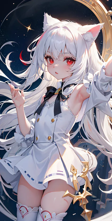 a girl,((red eyes)),cat ears,(two sides up:1.3),BayunLing,white hair,long hair,head ribbon,solo,(petite:1.2),(loli),cute,detailed face,((((short shot)))),((nsfw)),(cowboy shot),close up,For aThe walls were jasper, and the city was pure gold, like clear gla...