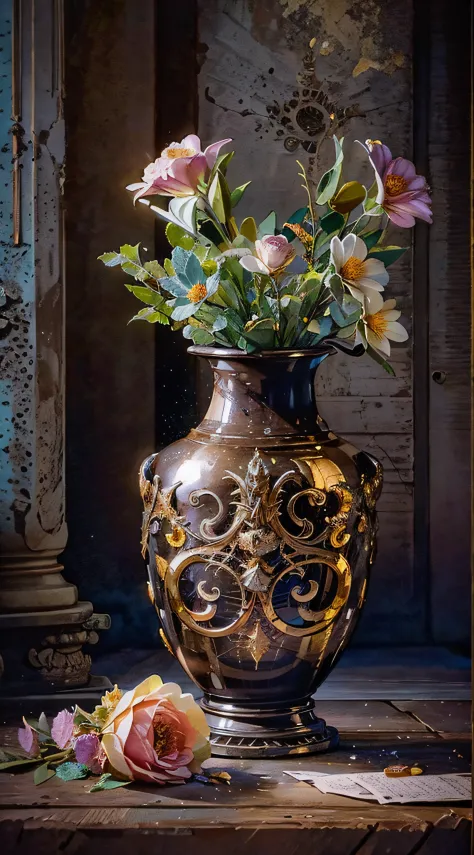 still life with flowers in vase, historical jewelry, in the historical interior environment, darkened room, cinematic lighting, ...