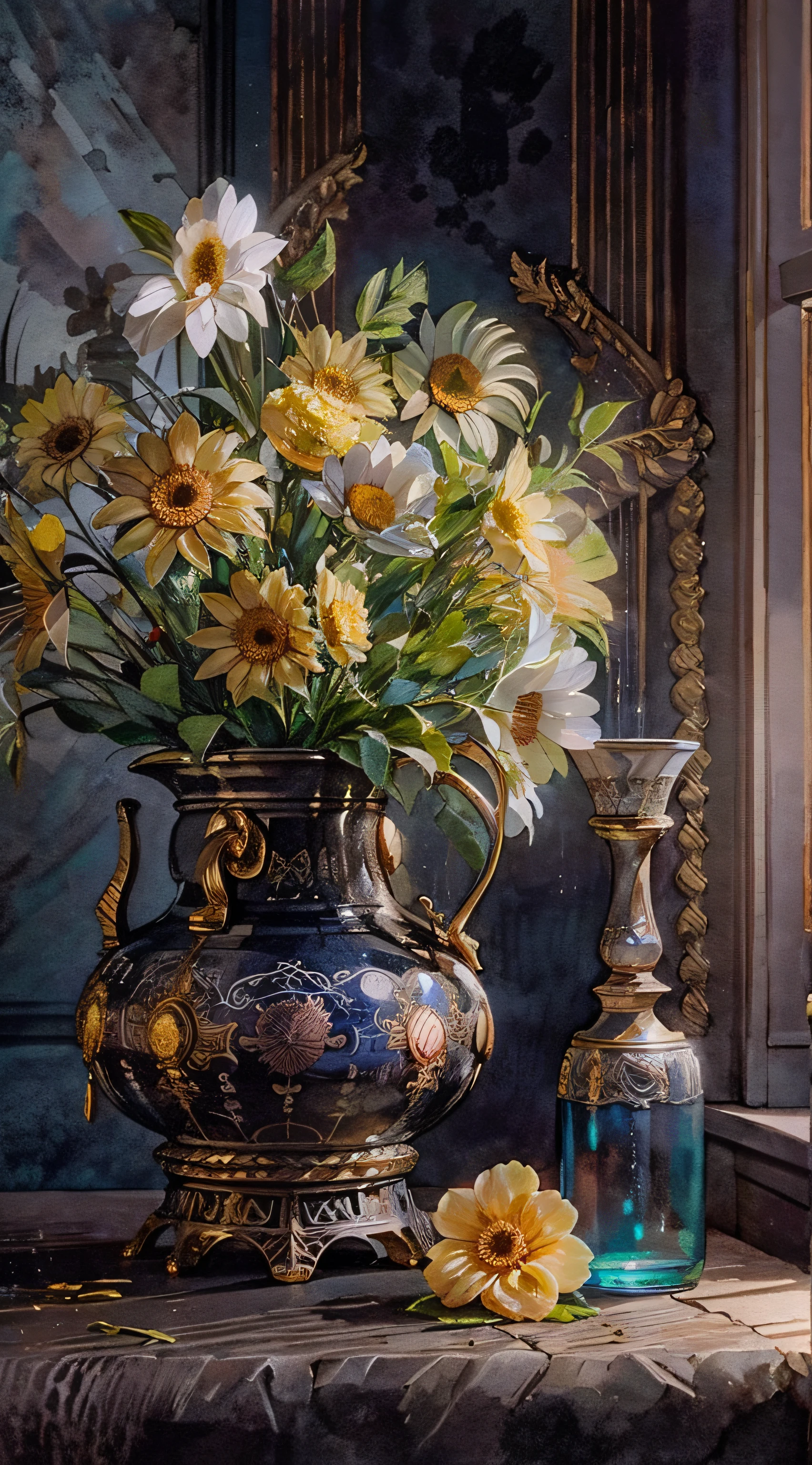 静物与花瓶里的花, 歷史珠寶, 在歷史悠久的室內環境中, 黑暗的房間, 電影燈光, 對比照明, 水彩画--ar 4:5 --风格原始 --v 5.2
