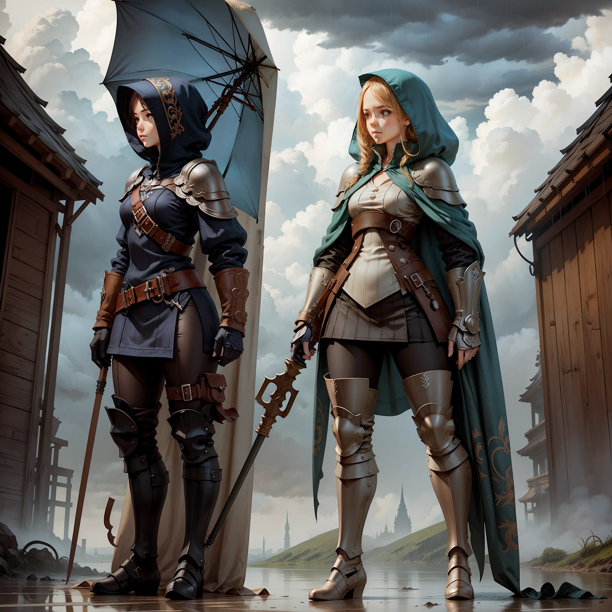 concept art, standing, 1girl holding an umbrella, cloud over head dropping rain, RPG character, Conceptual art, character chart, multiple views, UHD, anatomically correct, super detail, best quality, high details, textured skin, masterpiece, ccurate, high quality, highres