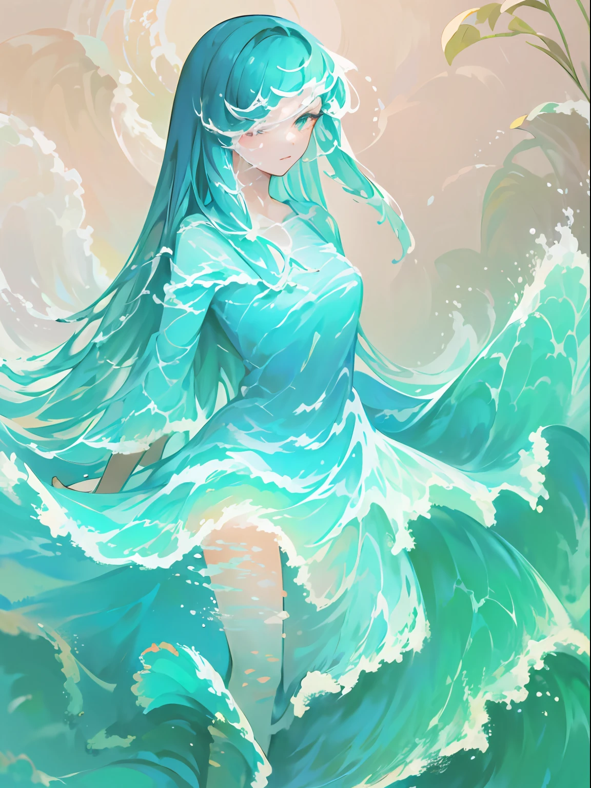 1girl,solo,light_blue_hair,sky_print, liquid hair, long hair,floating hair, full body, standing,sundress, liquid clothes, water,waves, tsunami,tide,sea,water dress, beautiful detailed eyes, {{{masterpiece}}}, {{{best quality}}}, {{ultra-detailed}}, {illustration}, cinematic angle, {beautiful detailed eyes}, extremely detailed, detailed background, detailed face