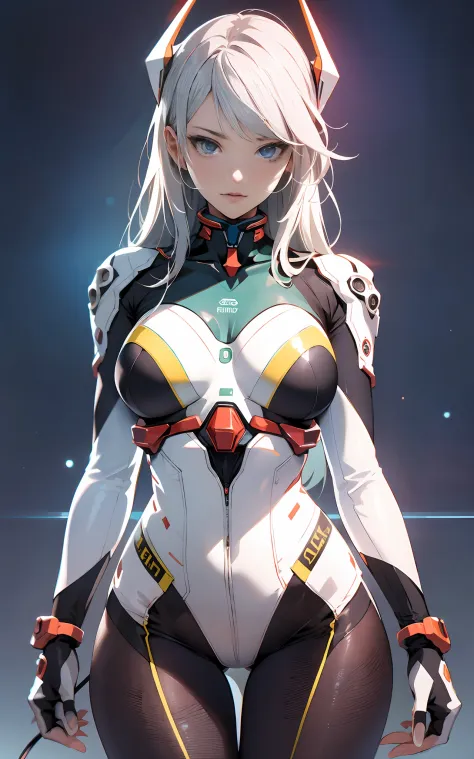 (((Adult Woman))), ((Best Quality)), ((masutepiece)), (Detailed: 1.4), (Absurd), 35-year-old adult woman with Simon Bisley-style micro thong, Genesis evangelion neon style clothing, 2-piece clothing, Long silver hair, arm tatoo, cybernetic hands, pastel, C...