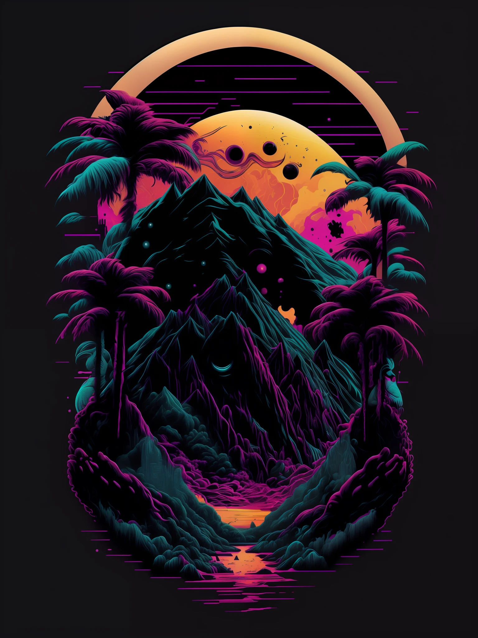 psychadelic, vector image, t-shirt design, isolated, black background, ancient 3D illustration