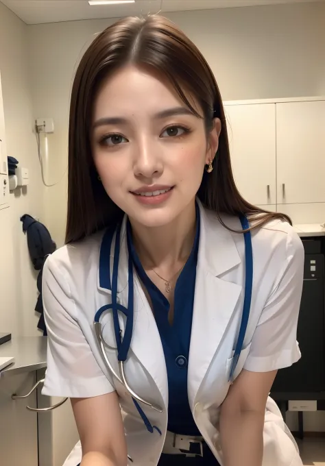 Close up portrait of woman in lab coat and blue tie, doctor、 wearing lab coat and a blouse