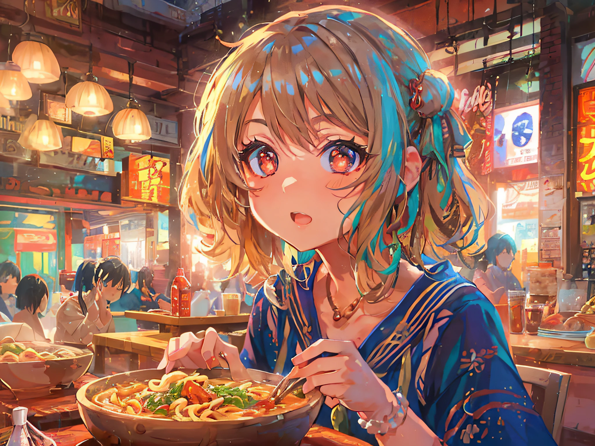 anime girl savourant un udon au curry, avec un style détaillé et réaliste, L&#39;éclairage doit être clair et joyeux, mettant en valeur l&#39;expression de contenu de la fille, Les couleurs doivent être vibrantes et attrayantes, avec le curry udon qui se démarque, Coup moyen, capturer la jeune fille dans son environnement de restauration
