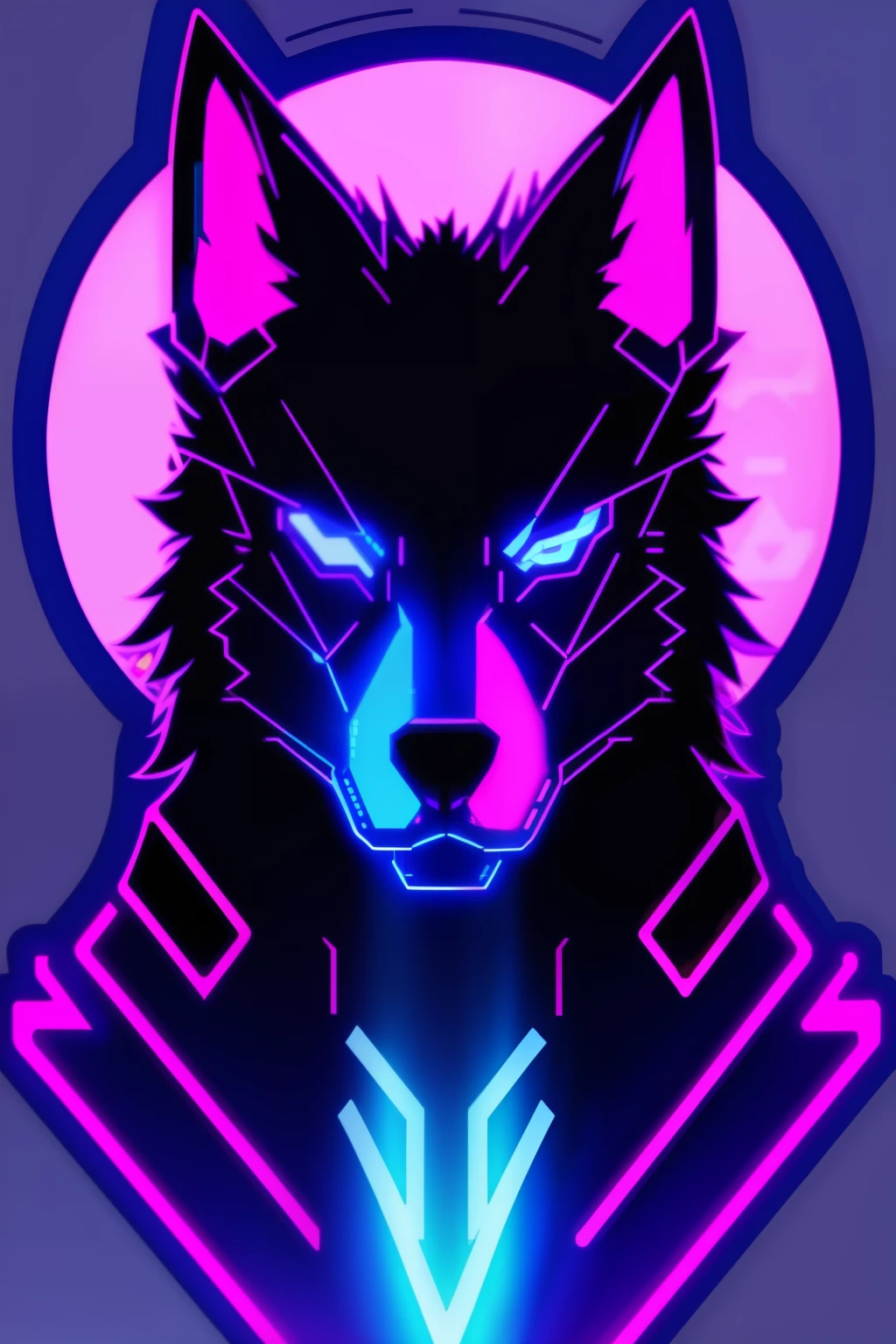 adesivo, Lobo cyberpunk, lobo antropomórfico com roupas cyberpunk, iluminação bissexual