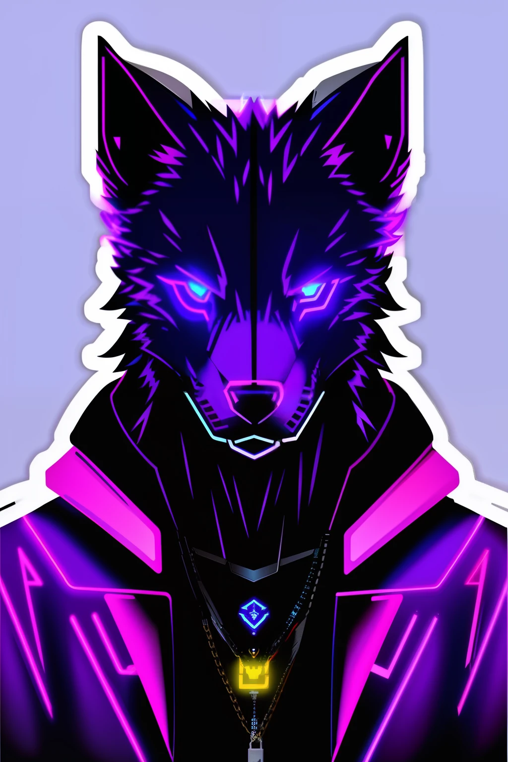 adesivo, Lobo cyberpunk, lobo antropomórfico com roupas cyberpunk, iluminação bissexual