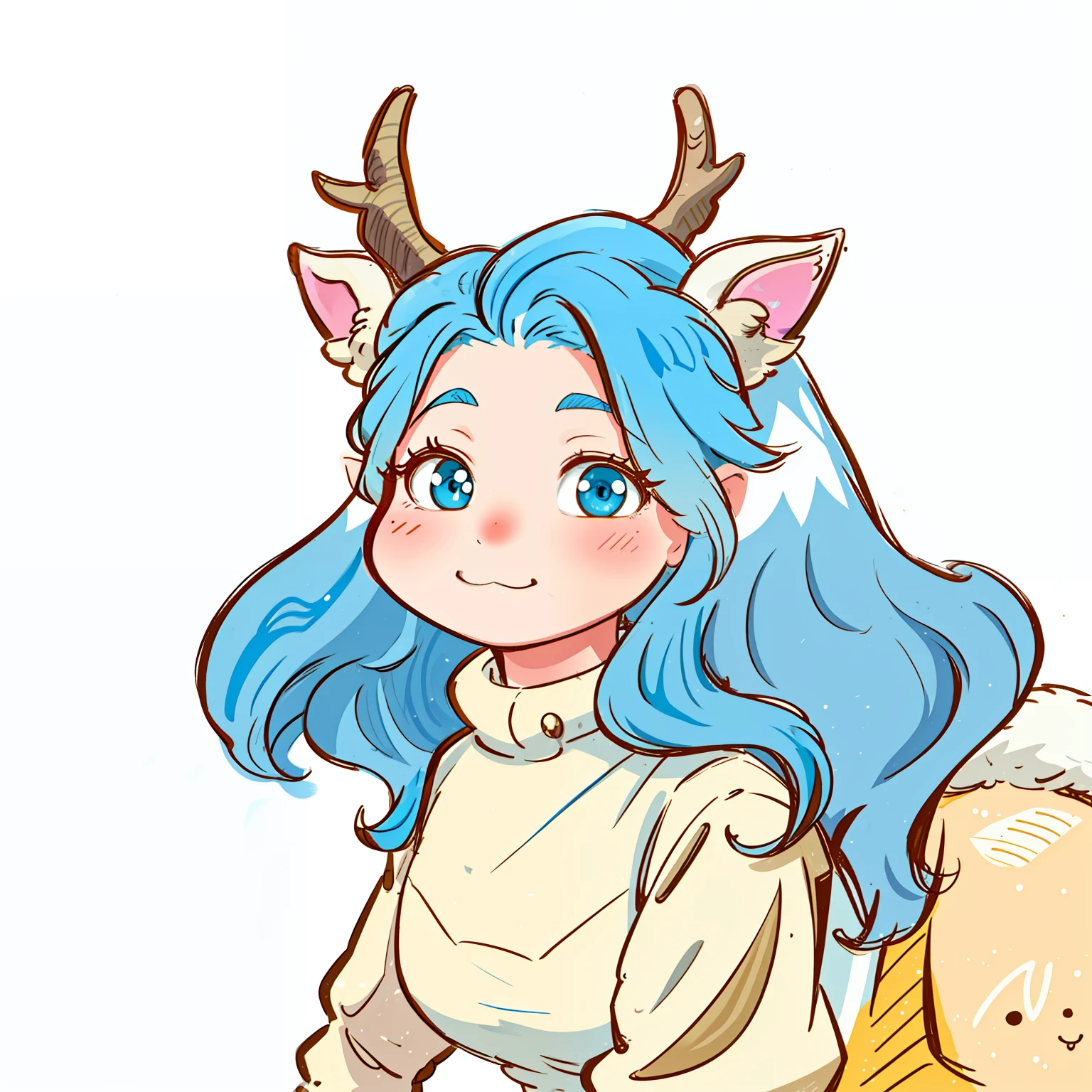 Cartoon of a pony with blue hair and blue mane, anthropomorphic female deer, anthropomorphic deer female, an anthropomorphic deer, anthropomorphic deer, antlers on her head, colored sketch, girl design lush horns, cute forest creature, cute horns, With horns, a mythical creature, deer ear, line art in colour