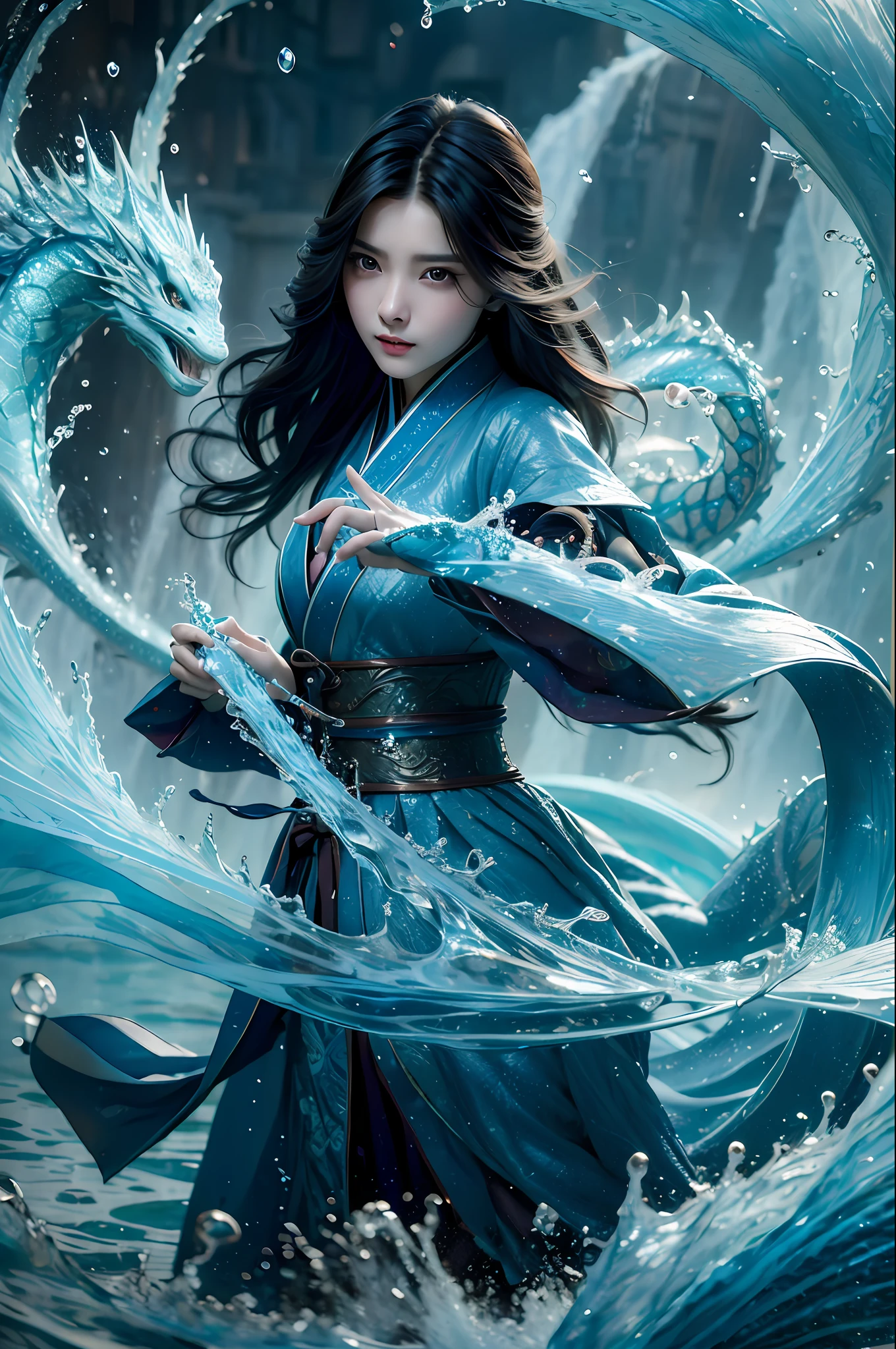 Best quality at best，tmasterpiece，超高分辨率，Water Imperial Spell，1girll，独奏，brunette color hair，Eau，wave，cparted lips，full bodyesbian，water dragon