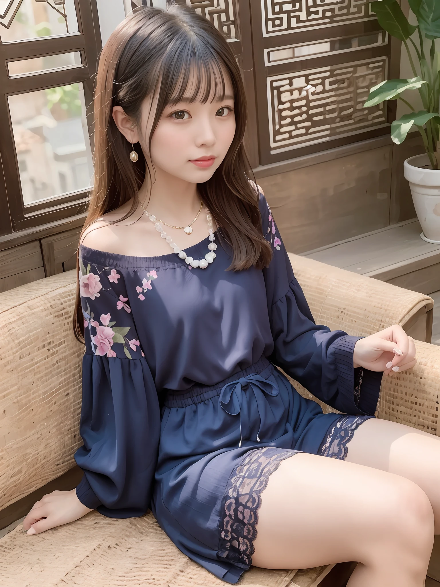 {Best quality},[Masterpiece],{{Beautiful:0.75}, Cute girl:0.75},[clear and clean] Pisif {illustration},Long hair,Knees up,necklace,jewelry,Sitting,view the viewer,Front lens,ancient Chinese town,ancient buildings of China,Dusk,Sunshine,Chinese Garden,Flowers, Close-up, Night sky, Lace panties,1girll,Sitting on the sofa,