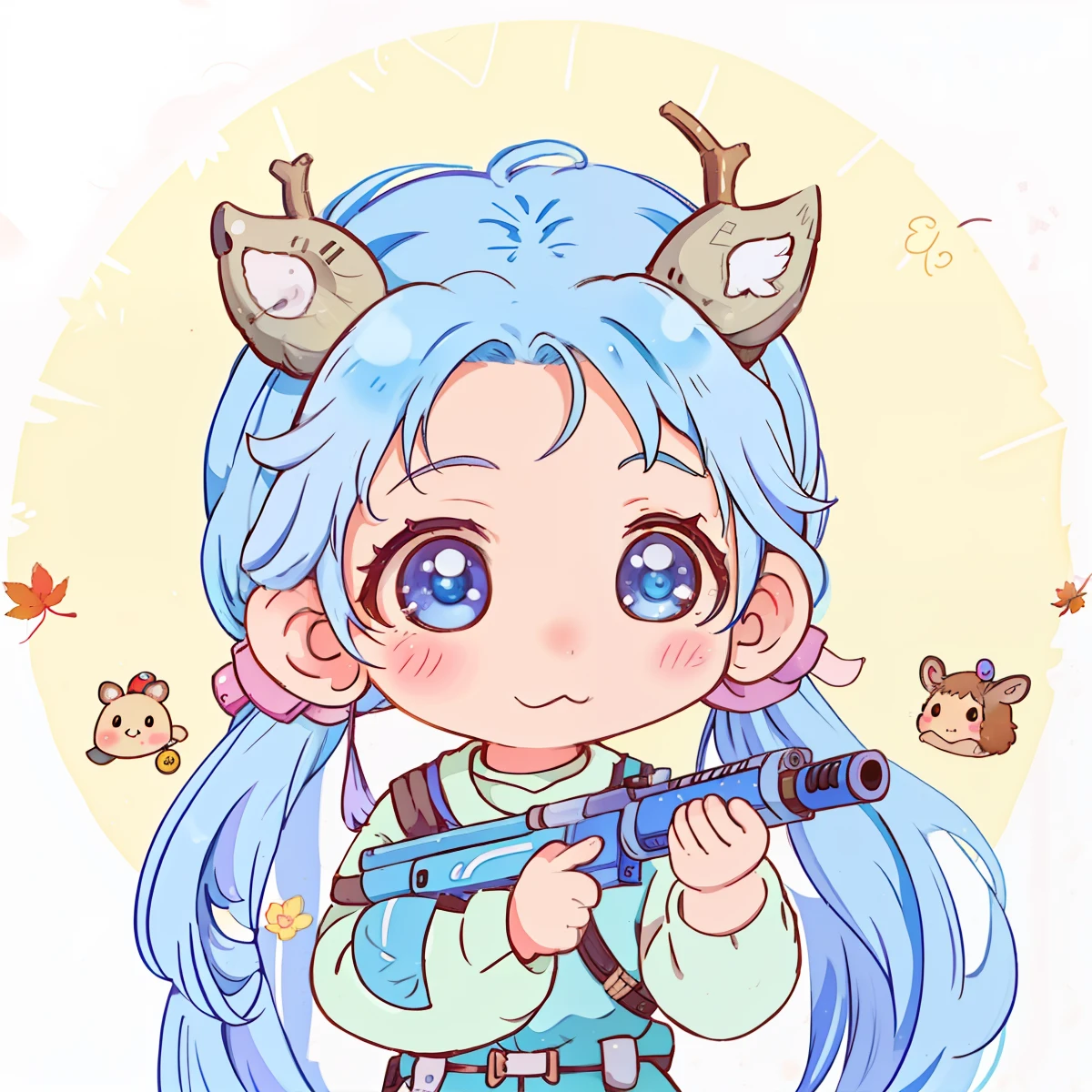 Blue-haired anime girl with rifle and deer, tchibi, official fanart, lovely art style, anime moe art style, High-quality fanart, mikudayo, Kawaii realistic portrait, cute character, with rifle, 🍁 Cute, , Cute:2, cute artwork, maple story gun girl, Detailed fanart, Cute anime, Kawaii chibi