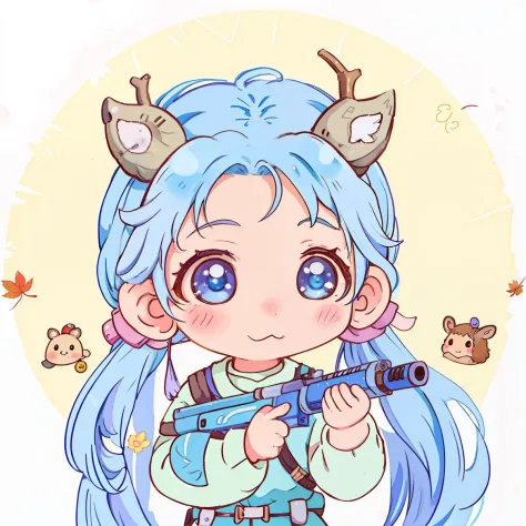 Blue-haired anime girl with rifle and deer, tchibi, official fanart, lovely art style, anime moe art style, High-quality fanart,...