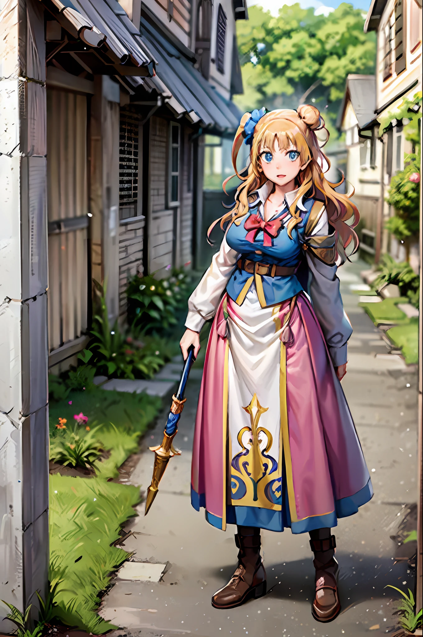 galko-chan, priestess, staff holding, long skirt, french traditional clothing, village in forest, medieval village,