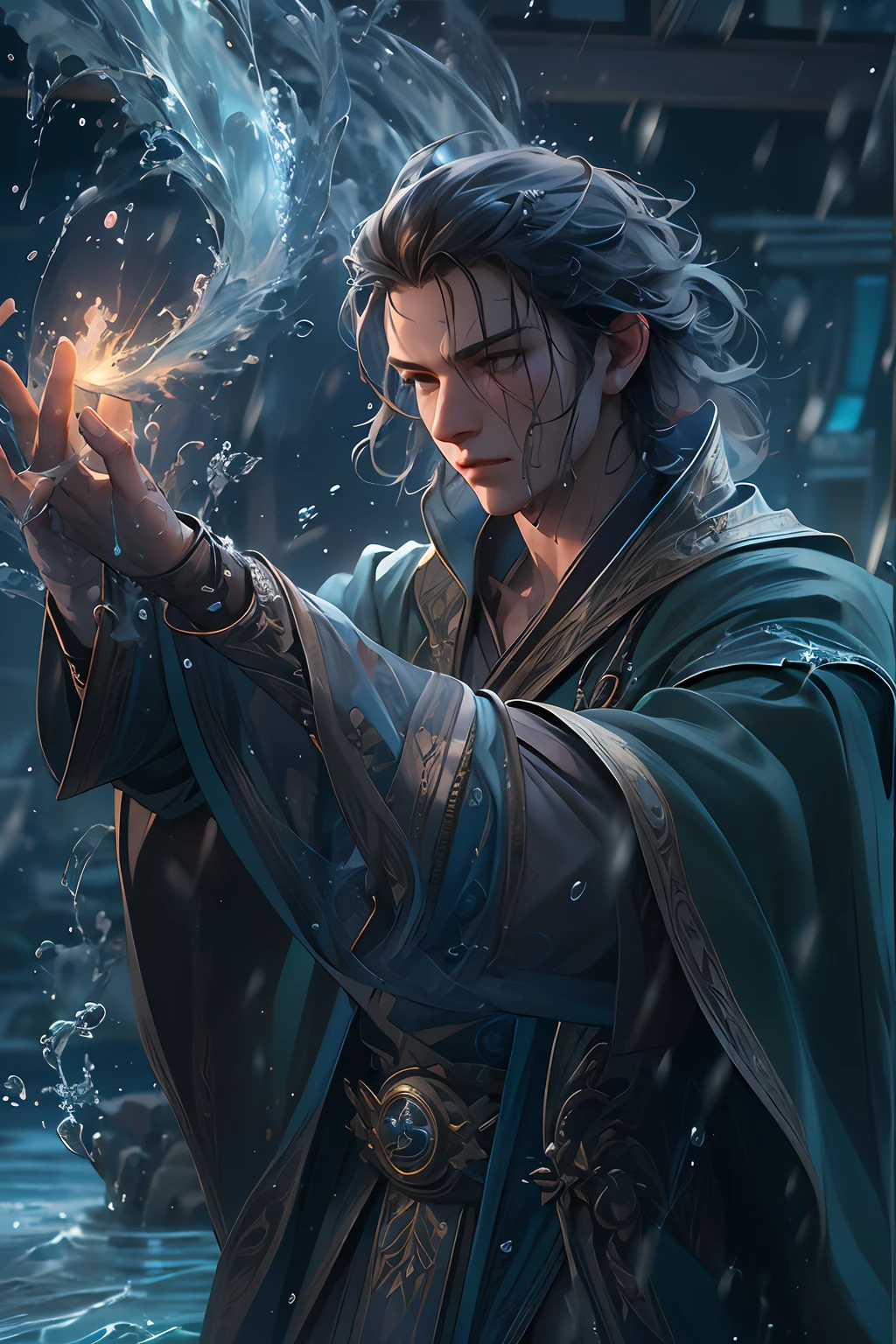 A ((male)) wizard (controls) water, water ((magic)), casting spell, water jets, dynamic pose, award-winning photography, complex, detailed, stunning, hair texture, wet hair (wet hair), hanging), model style ( highly detailed CG wallpaper Unity 8k), handsome, smooth skin