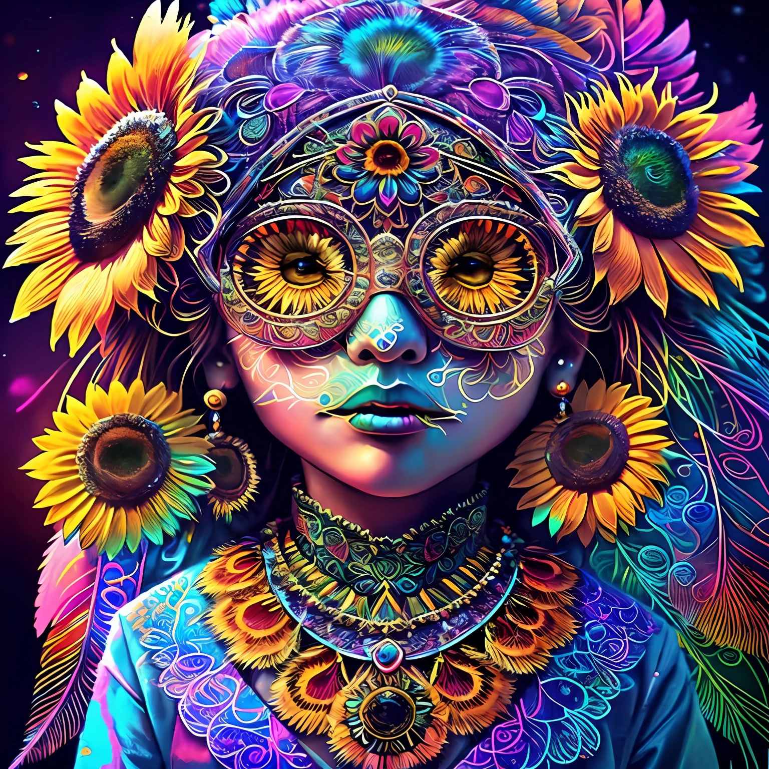 Riff Style 2 (masutepiece, of the highest quality, Best Quality, Official art, Beautiful and aesthetic:1.2), (1 sunflower:1.3), Extremely detailed,(Fractal Art:1.1),(Colorful:1.1)(Flowers:1.3),highest details,(Zentangle:1.2), (Dynamic Pose), (Abstract background:1.3), (Shiny skin), (Many colors:1.4), ,(earrings), (Feathers:1.5),unmanned