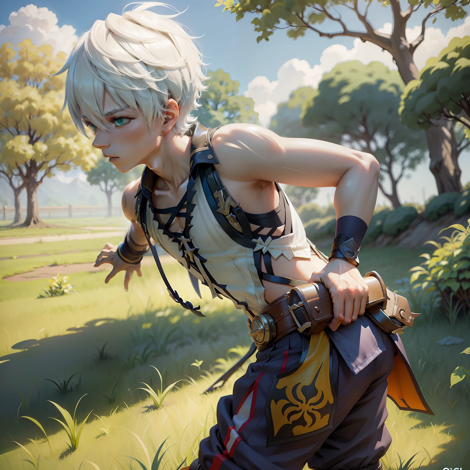 An anime cover, From Genshin, Epic anime style, Anime art style,1boy，blue-sky，baiyun，shoun，shorter pants，White hair，Protective goggles，athletic sneakers，grassy fields，Beautiful green eyes