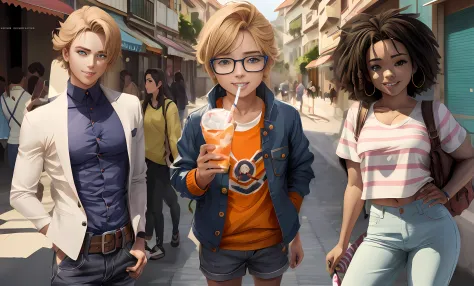 three characters [a young blond boy, a blond boy with blue glasses, and a young brunette girl with afro hair] on a street with o...