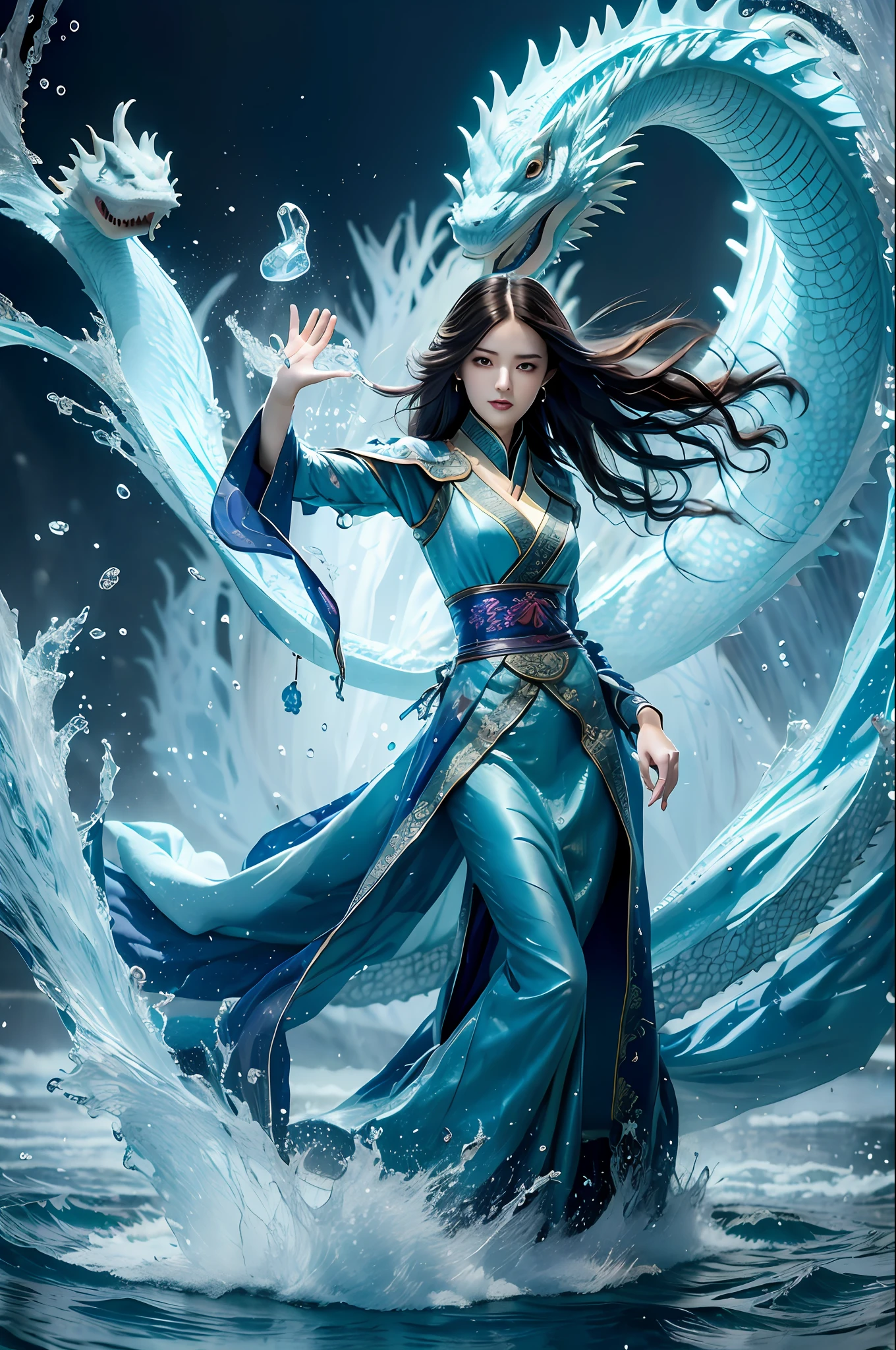 Best quality at best，tmasterpiece，超高分辨率，Water Imperial Spell，1girll，The figure is good，Sexy clothes，独奏，brunette color hair，Eau，wave，cparted lips，full bodyesbian，water dragon