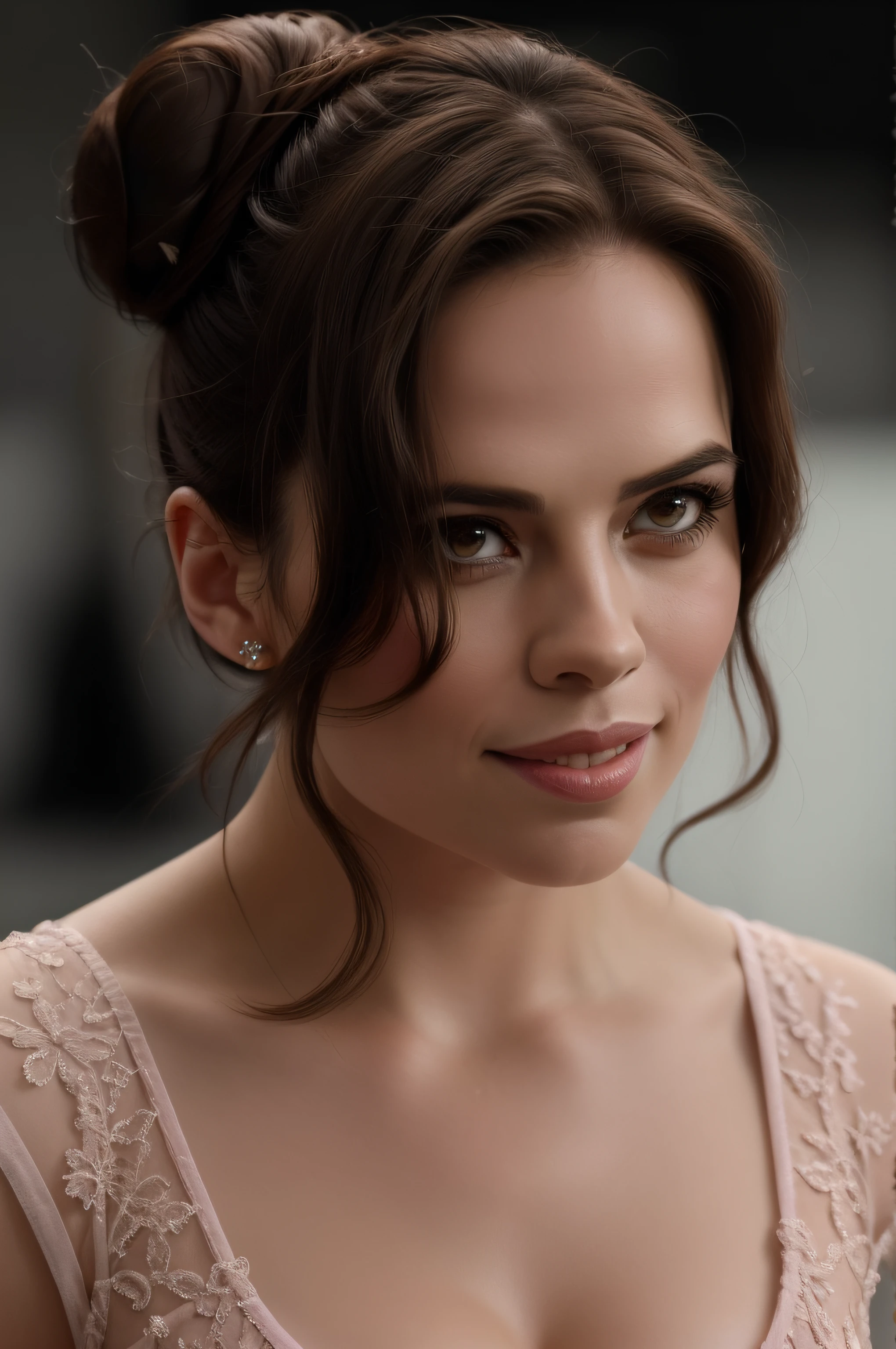 Beautiful woman, Hayley Atwell, dressed as a ballet dancer, beautiful legs, (hair in top bun), detailed eyes, (detailed realistic face), blush, confident smile, highly detailed, modelshoot style, (extremely detailed CG unity 8k wallpaper), (camera far away), photo of the most beautiful artwork in the world, fashion top model, trending on ArtStation, trending on CGSociety, Intricate, High Detail, Sharp focus, dramatic, photorealistic painting art by midjourney