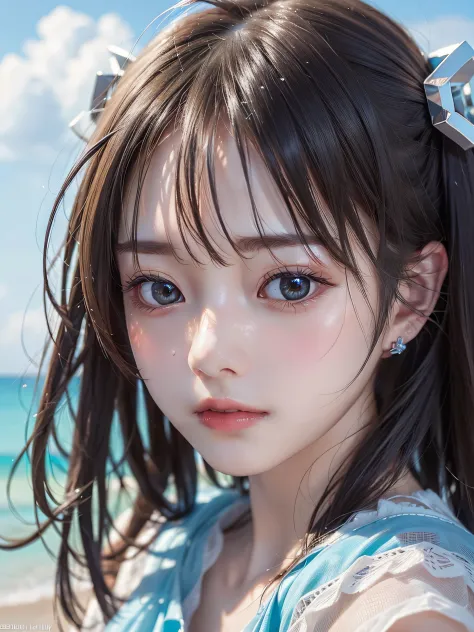 (Surreal)、(hight resolution)、(8K)、 (ighly detailed)、(Ultra clear skin pores)、(top-quality、​masterpiece:1.3)、a beauty girl、Beach background、It's hot
