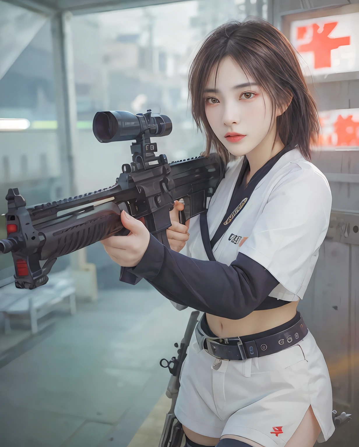 Close up, close, masterpiece, best quality, (((solo))), (colorfull hair), (half buzz cut hair), luminous eyes, cyberpunk, (white thighhighs),lens flare, depth of field, (wide shot, fisheye:0.85),(holding weapon, holding rifle,aiming,aim:1.2), gun, h&k hk416, carbine, open fire, firing, cyborg arms, crop top, (Highest quality:1.3), (sharp focus:1.5), (photorealistic:1.3), (skin_textures:1.15), (detailed face), (high detailed skin:1.2), (glistening skin:1.15), glossy, (cyborg arms:1.2) baseball caps, kimono tech, japanese, cyberpunk street, roftop, (nights:1.2), fog, (rain:1.2), film grain