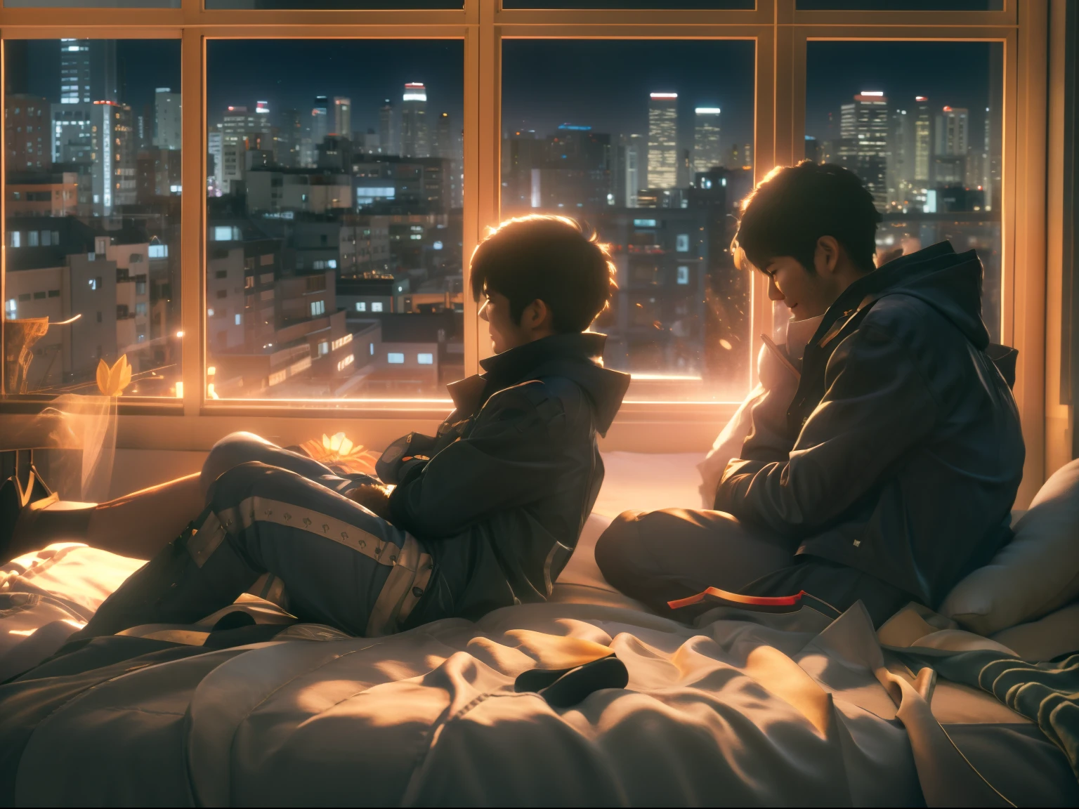 Personajes de anime sentados en camas frente a la ventana.，pose de anime guapo，mejores fondos de pantalla de anime 4k Konachang，arte cg anime suave，joven animado，arte anime limpio y meticuloso，tendencia en artstation pixiv，ciudad al fondo，iluminación suave，anime rudo 8k，fondos de pantalla animados 4k，fondo de pantalla de arte anime 8k。