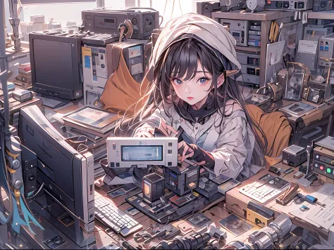 high-level image quality、ultra-detailliert、girl with、nerdy, Assembling the Computer、Tools、Homemade PC、the complex background
