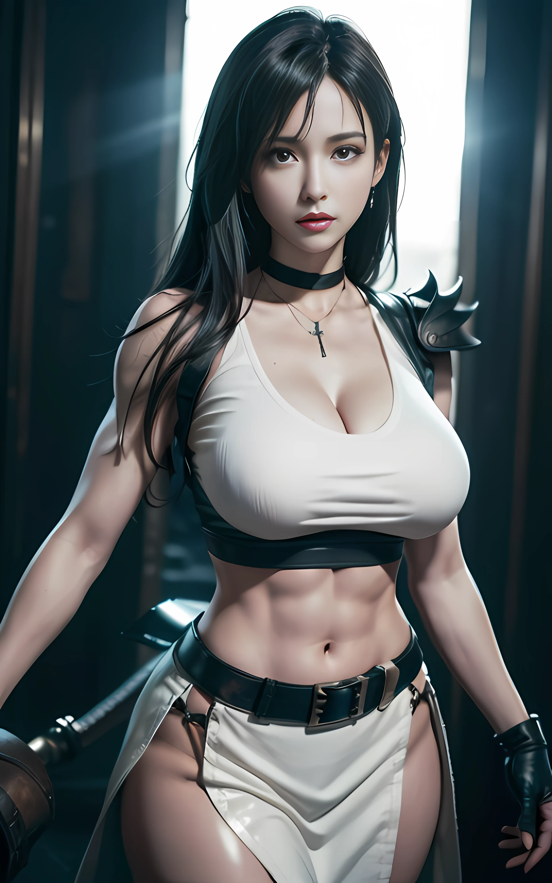 （（Unreal Engine 5 photorealistic renderer）），Best quality at best，tmasterpiece，A high resolution，The top body is surreal muscular and super largest_Breasts！！With boobs_The type of melons，The lower ones are huge hips，（（（Tifa Lockhart）））），choker necklace，（beauitful face），looking at viewert，are standing，（（A half body）），（（Gilet blanc）），（（revealing white panties））（（Black leather skirt）），Armor arm，Glove hands，The right arm hangs down，Placed at the Seven Heavens Bar，