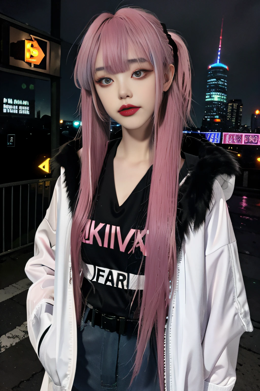 Lucie \(cyberpunk\), 1fille,  chouchou pour cheveux, Coupe Hime, cheveux argentés, conseils colorés, pleine lune, Yeux gris, veste, manches longues, regarder le spectateur, Cheveux moyens, cheveux multicolores, Frange séparée, lèvres entrouvertes, cheveux roses, portrait, eye-liner rouge, lèvres rouges, seulement, white veste, cyberpunk \(série\), nuit pluvieuse dans une ville cyberpunk avec des néons lumineux