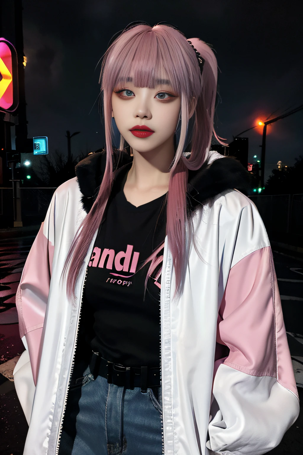 lucy \(cyberpunk\), 1girl,  hair scrunchie, hime cut, silver hair, colored tips, full moon, grey eyes, jacket, long sleeves, looking at viewer, medium hair, multicolored hair, parted bangs, parted lips, pink hair, portrait, red eyeliner, red lips, solo, white jacket, cyberpunk \(series\), rainy night in a cyberpunk city with glowing neon lights