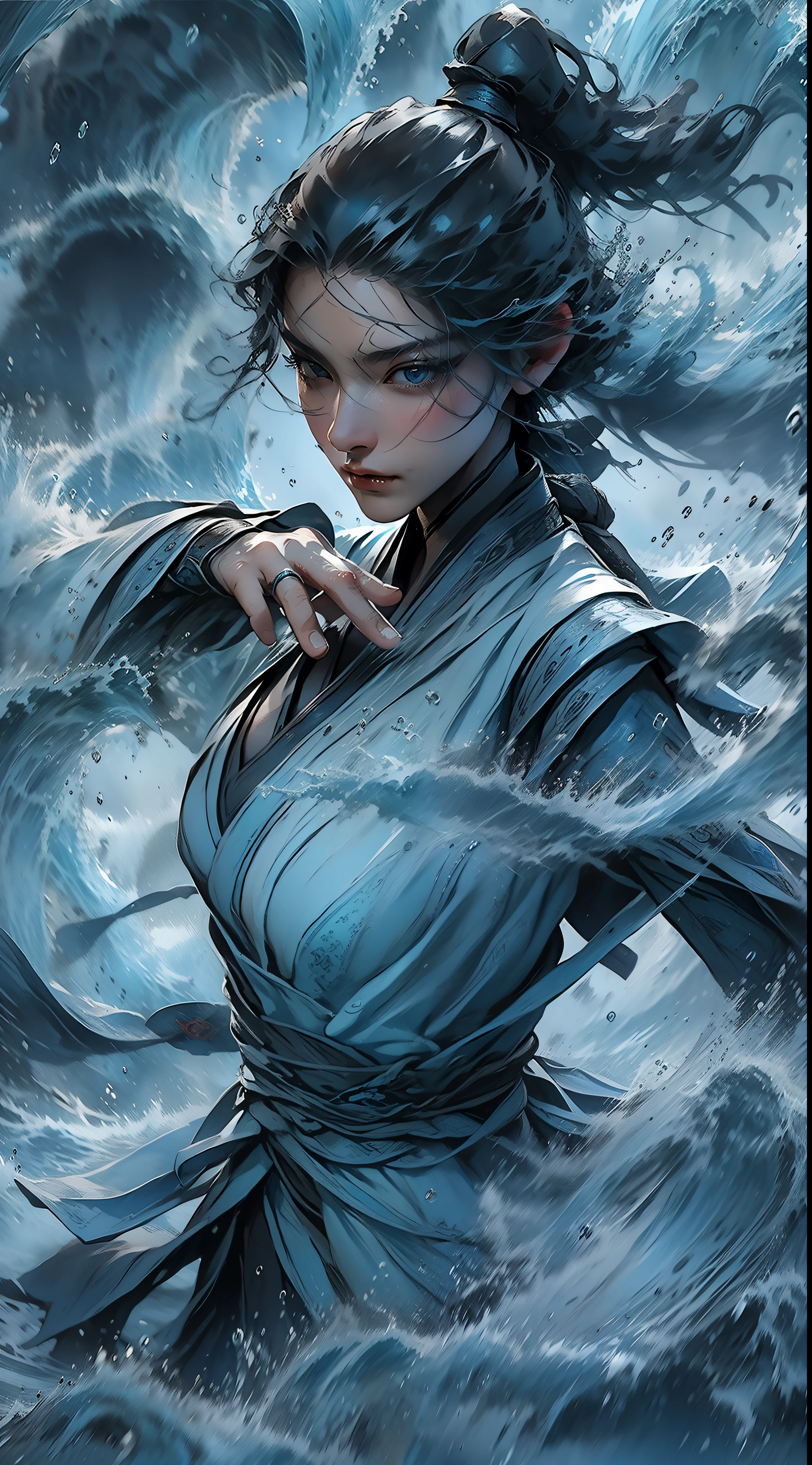 tmasterpiece，HighestQuali，Imperial water style，Yushui，one-girl，Wearing a blue-gray period costume，Black high ponytail，Fighting posture，Surrounded by water waves，the rule of thirds，closeup cleavage，waterfall in background