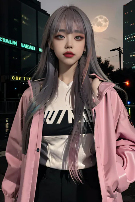 lucy \(cyberpunk\), 1girl,  hair scrunchie, hime cut, silver hair, colored tips, full moon, grey eyes, jacket, long sleeves, loo...