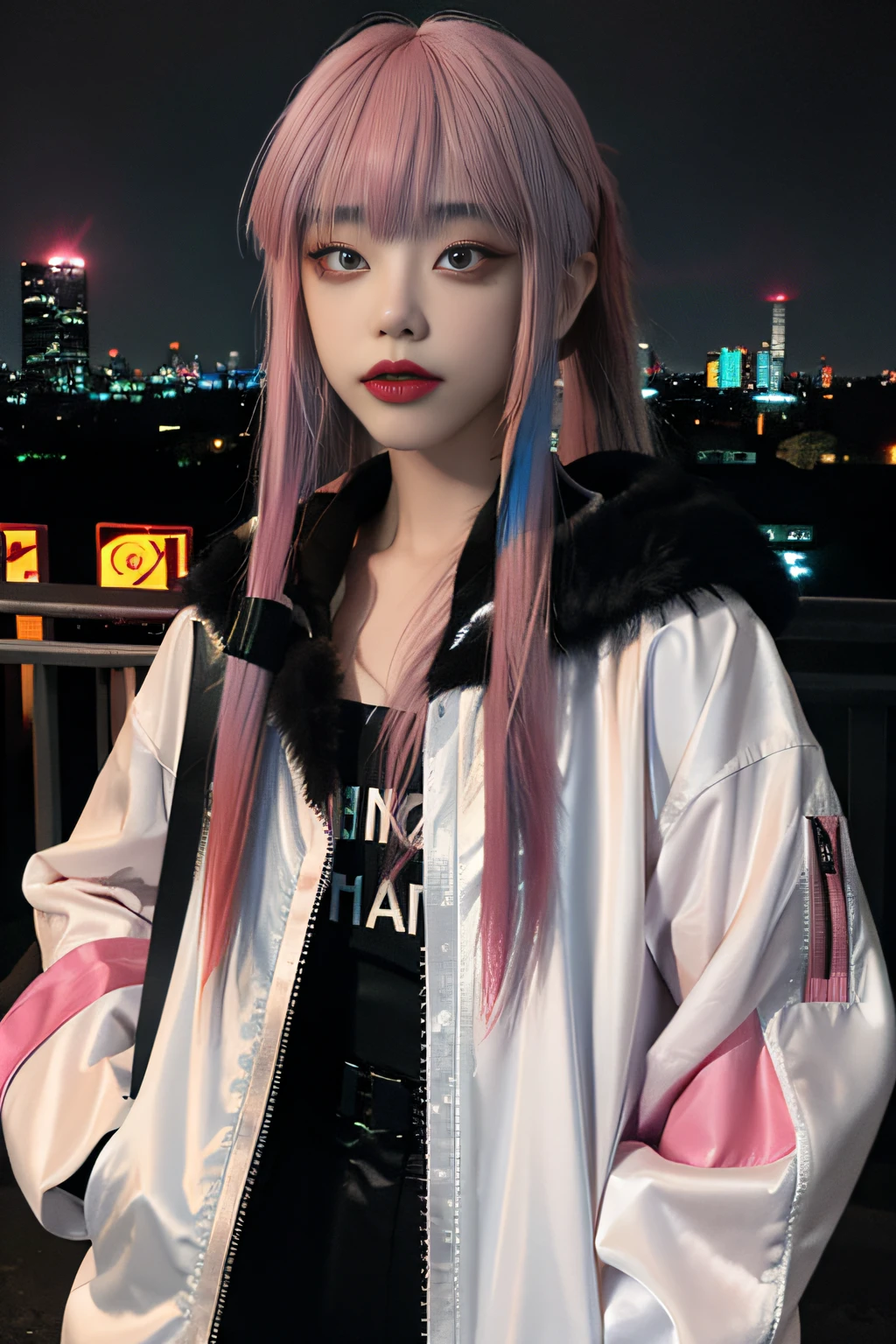 lucy \(cyberpunk\), 1girl,  hair scrunchie, hime cut, silver hair, colored tips, full moon, grey eyes, jacket, long sleeves, looking at viewer, medium hair, multicolored hair, parted bangs, parted lips, pink hair, portrait, red eyeliner, red lips, solo, white jacket, cyberpunk \(series\), rainy night in a cyberpunk city with glowing neon lights