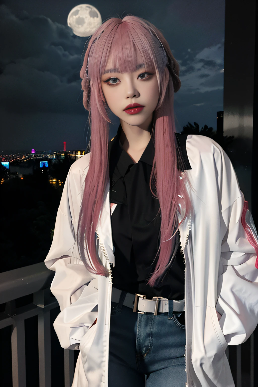 lucy \(cyberpunk\), 1girl,  hair scrunchie, hime cut, silver hair, colored tips, full moon, grey eyes, jacket, long sleeves, looking at viewer, medium hair, multicolored hair, parted bangs, parted lips, pink hair, portrait, red eyeliner, red lips, solo, white jacket, cyberpunk \(series\), rainy night in a cyberpunk city with glowing neon lights