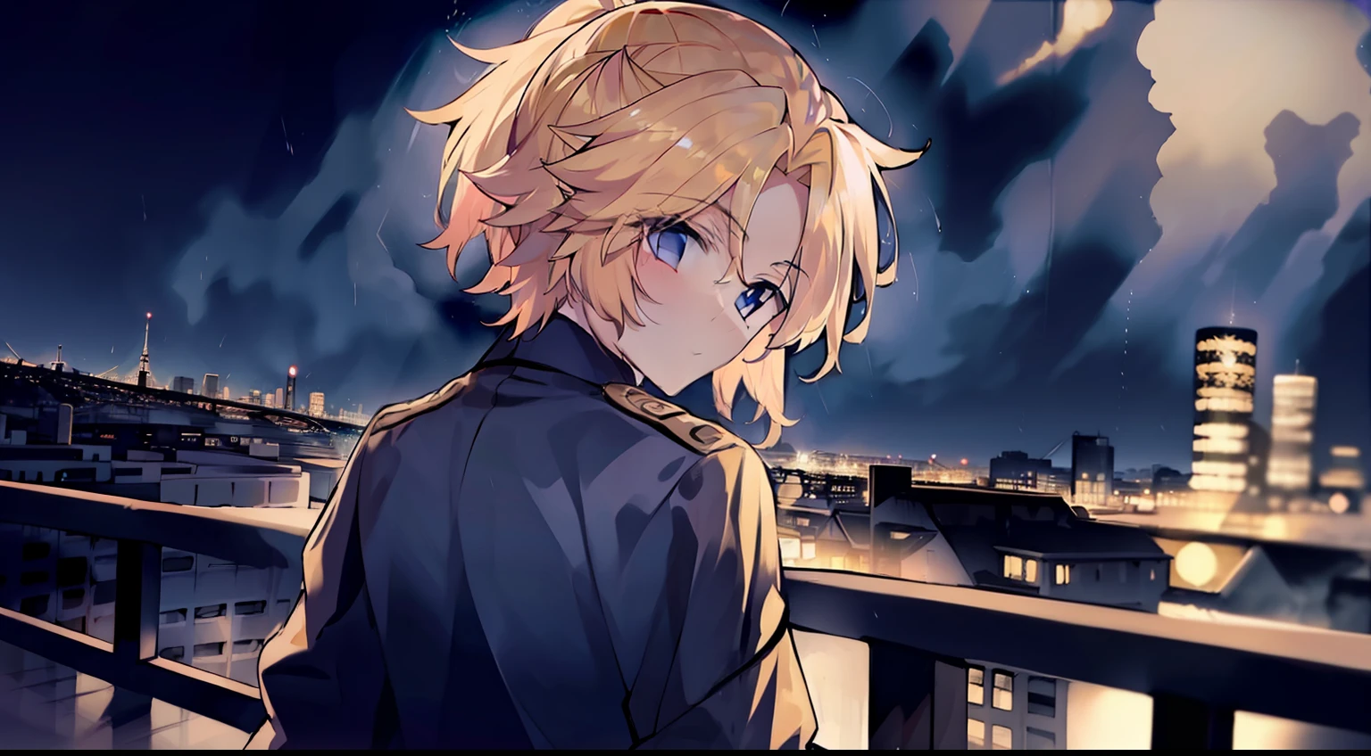 1boy，Faraway view，Golden hair，pony tails，blue color eyes，the night，Rainy days，city neon light